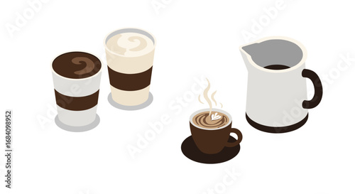 Isometric coffee set with cappuccino, latte, espresso, and jug on white background