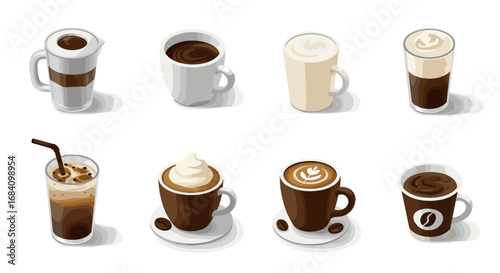 Diverse coffee cup selection featuring various brew styles in flat design
