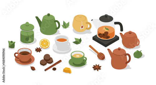 Isometric tea set with various teapots, cups, and ingredients in earthy tones