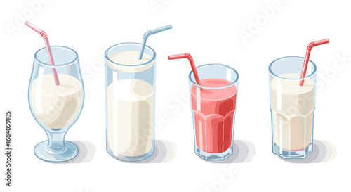 Refreshing beverages in various glasses with straws on a white background