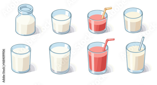 Diverse isometric glass beverages: milk and juice variations with straws in modern style
