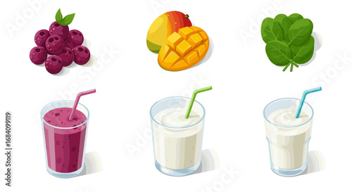 Refreshing fruit and leaf smoothies with berries, mango, and spinach in vibrant colors