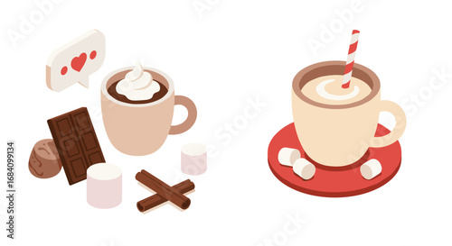 Cozy hot chocolate with marshmallows and cinnamon in isometric art style