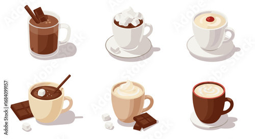 Isometric hot chocolate cups with whipped cream and chocolate bars on white background