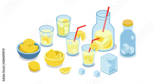 Refreshing isometric lemonade scene with glasses, jars, and lemons