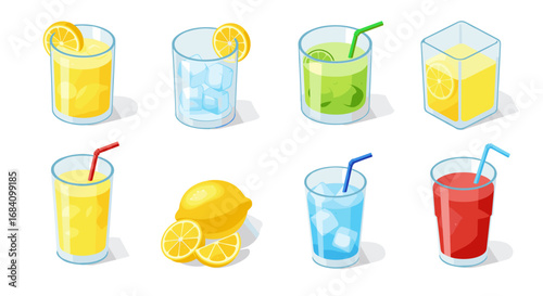 Refreshing citrus and berry juices in glasses with straws and ice cubes