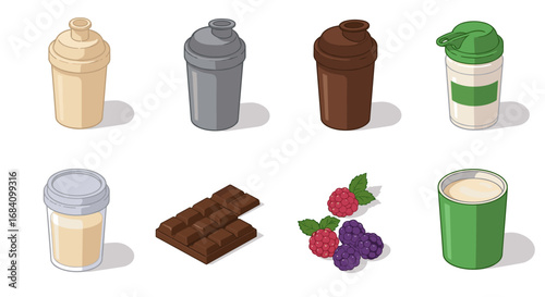 Assorted beverage and snack containers with chocolate and berries isometric art