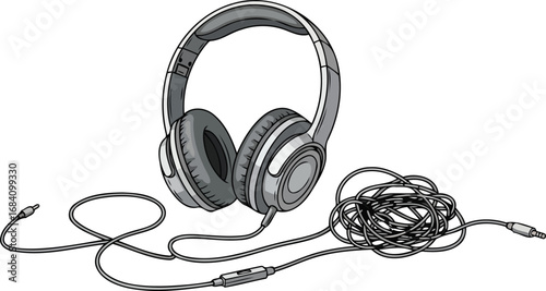 gray headphones with tangled cord detailed illustration of audio device