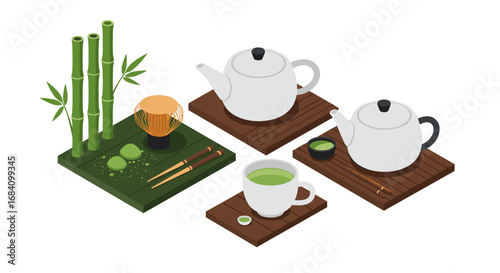 Traditional japanese tea set with matcha and bamboo elements in isometric style