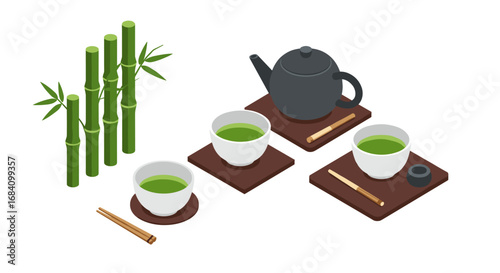 Isometric tea ceremony with bamboo and teapot