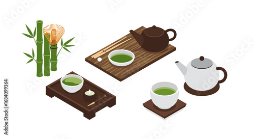 Isometric japanese tea set with matcha and bamboo elements on wooden trays