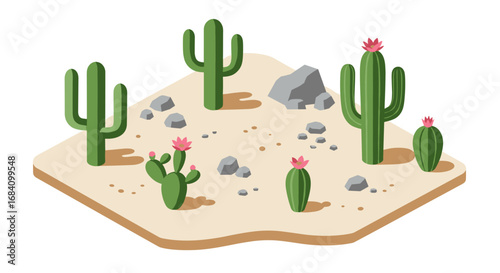 Isometric desert scene with cacti and rocks on sandy ground