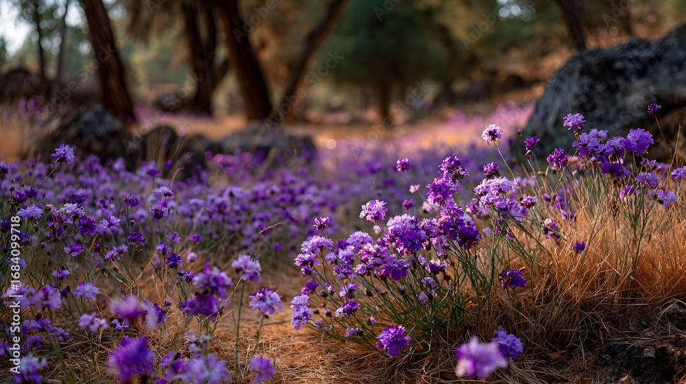 Naklejka premium A beautiful meadow filled with blooming purple wildflowers on a sunny day in the forest environment outdoor.