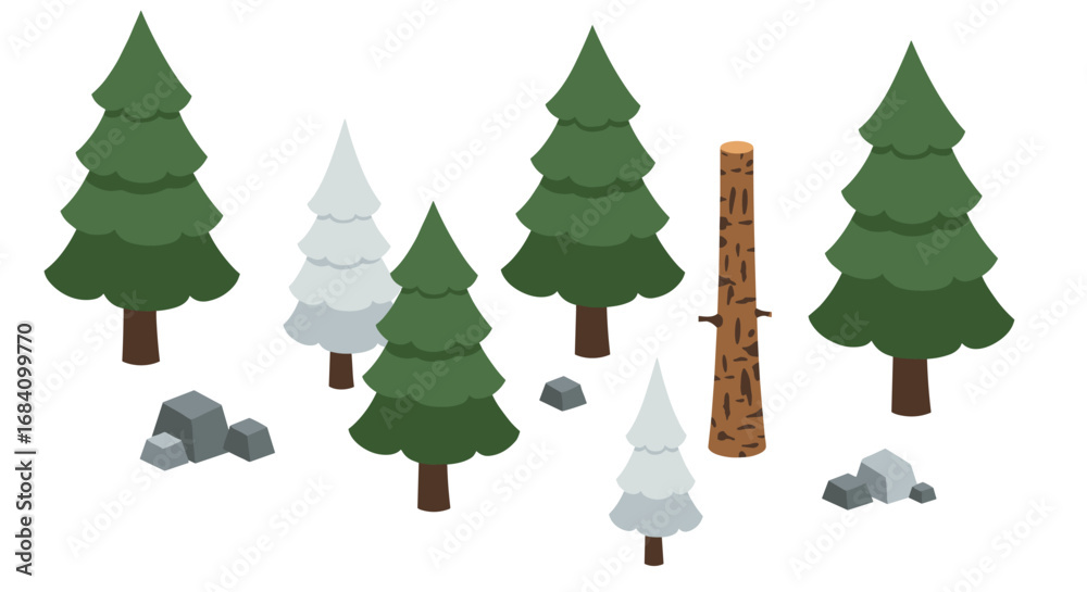Fototapeta premium Isometric evergreen forest with pine and fir trees in winter setting
