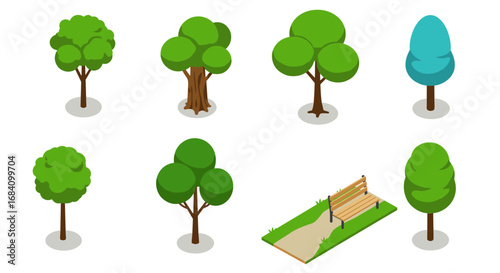 Isometric park trees with pathway and bench collection