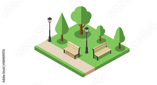Isometric park scene with benches and trees on white background