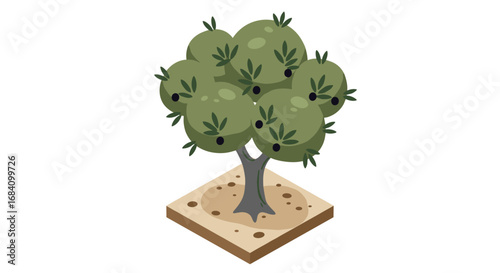 Isometric olive tree on soil square - detailed and natural greenery art