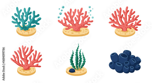 Colorful marine coral set with algae collection in isometric style