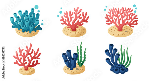 Colorful coral collection: various marine elements with seaweed on white background