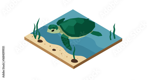 Isometric sea turtle swimming in ocean with seaweed on sandy seabed