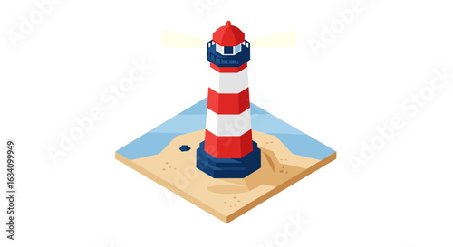 Isometric lighthouse on sandy beach with ocean view