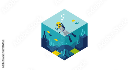 Retro diver inside cube aquarium with marine life