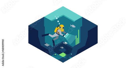 Isometric scuba diver exploring underwater cave with fishes and coral
