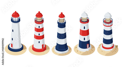 Colorful isometric lighthouses on sandy beach background