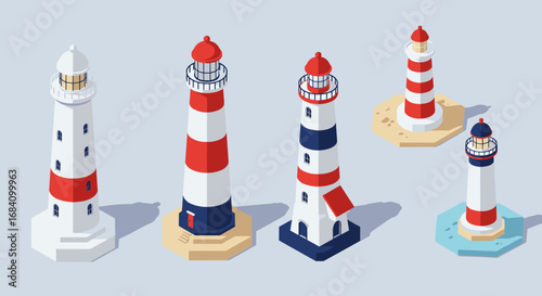 Isometric coastal lighthouses collection with nautical red and white stripes