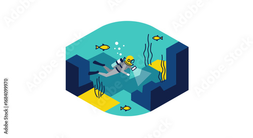 Flat style scuba diver exploring underwater world with fish and coral