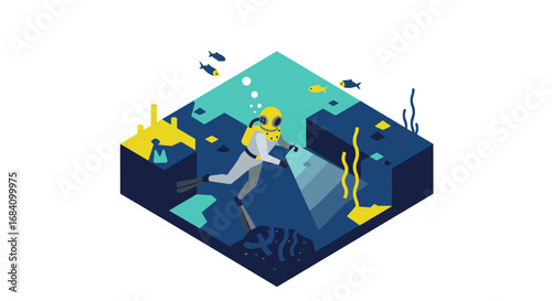 Isometric underwater exploration scene with diver and marine life