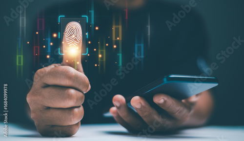 Biometric security concept with fingerprint scanning on smartphone. Businessman using mobile device authentication, digital identity, cyber security, data protection and technology innovation.