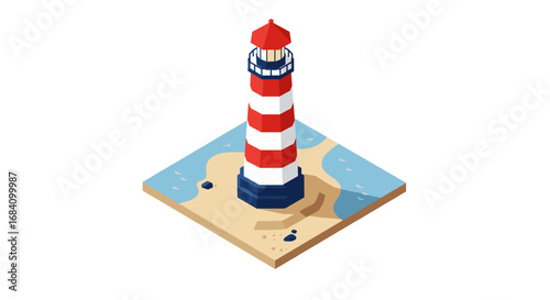 Isometric lighthouse on sandy beach with ocean waves and clear sky