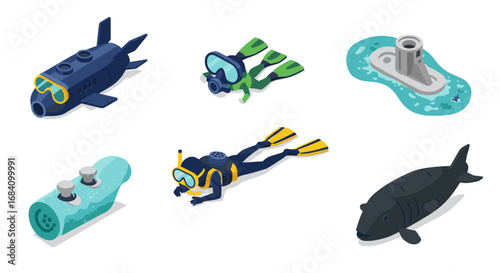 Isometric underwater exploration with submarines, scuba divers, and ocean life