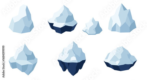 Collection of low poly icebergs on white background for geometric design