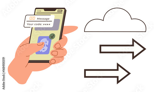 Hand holding smartphone, biometric fingerprint authentication, code verification message, cloud icon, data transfer arrows. Ideal for cybersecurity, authentication, cloud storage, encryption digital