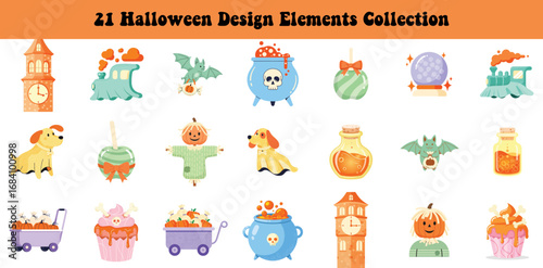 A large collection of cute Halloween cartoon icons featuring spooky characters, festive treats, and magical elements for seasonal holiday designs
