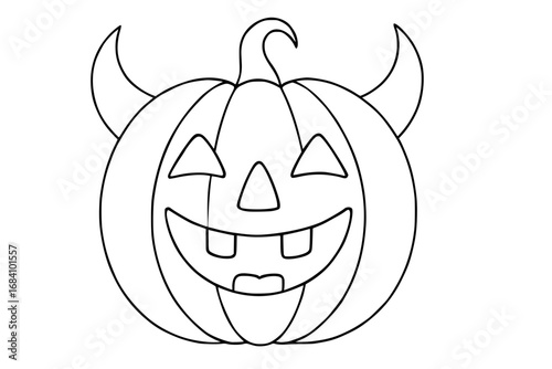 Line art outline of grinning horned Halloween pumpkin
