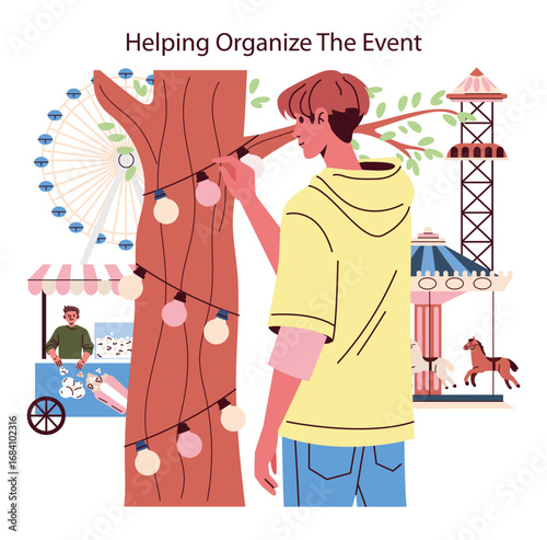 Organizing Event with Festive Decorations Vector Illustration