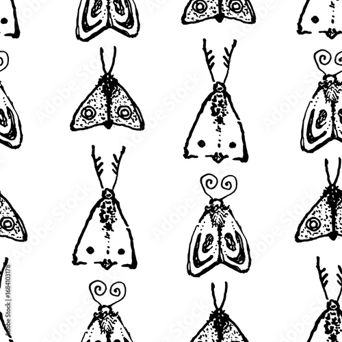 A charming seamless pattern featuring various hand-drawn moths in a black and white ink style, perfect for textile design, digital backgrounds, or rustic decor.