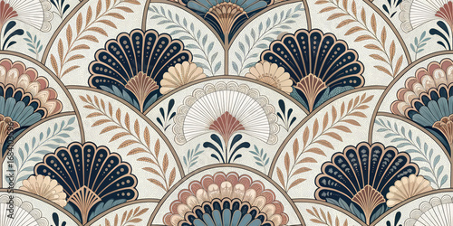 Elegant Art Deco fan pattern with botanical elements in muted teal, cream, and gold hues