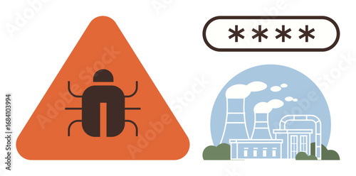 Bug warning inside a triangular sign, password protection symbol, industrial factory with chimneys. Ideal for cybersecurity, industrial safety, malware, passwords, software bugs, digital threats