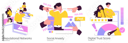 Vector Illustration of Social Anxiety and Reputational Networks