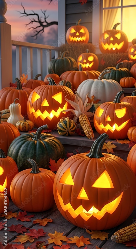 Fototapeta premium Glowing jackolanterns and gourds on wooden steps halloween pumpkins