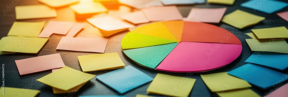 Fototapeta premium Visualize Data With Colorful Pie Chart and Sticky Notes Arrangement