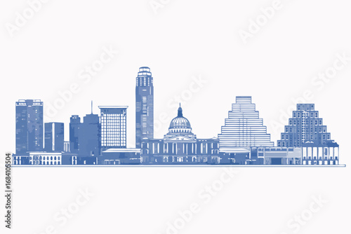 Modern blue Austin city skyline vector illustration with iconic architectural landmarks, representing Texas urban landscape and travel concept