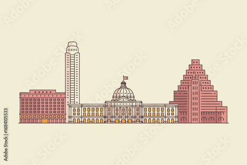 Iconic Austin skyline vector illustration, a modern graphic depiction of the Texas capital city. Showcasing unique architecture and vibrant urban landscape