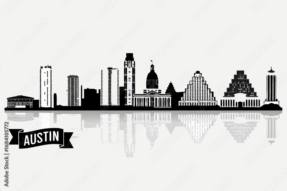 Obraz premium Dynamic Austin city skyline vector illustration showcasing iconic urban architecture and modern downtown buildings with elegant reflections for design projects
