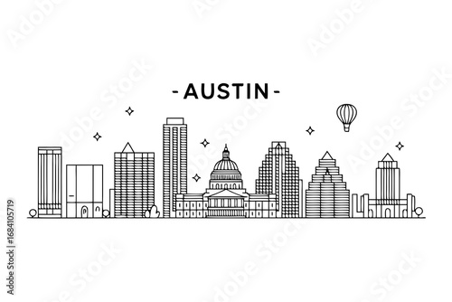 A minimalist vector depiction of the iconic Austin skyline, showcasing the city's distinctive architectural landmarks and urban character, perfect for design projects