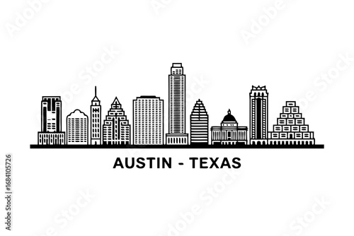 Dynamic vector illustration capturing the iconic Austin, Texas city skyline silhouette, perfect for urban design and travel concepts for various media applications